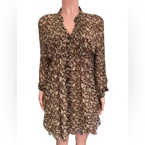 Y2K 1X Brown Floral Boho Babydoll Tunic Top Pin Tucking Tie Henley Button Style